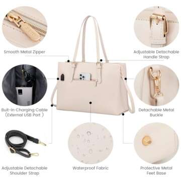 LOVEVOOK Laptop Bag for Women, Fashion Computer Tote Large Capacity Handbag, Leather Shoulder Bag Purse Set, Professional Business Work Briefcase for Office Lady, 2PCs, 15.6-Inch, Beige White