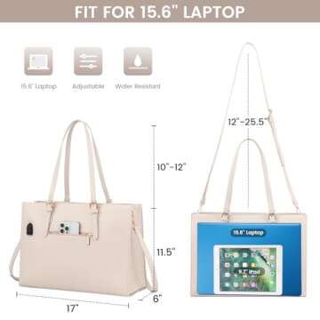 LOVEVOOK Laptop Bag for Women, Fashion Computer Tote Large Capacity Handbag, Leather Shoulder Bag Purse Set, Professional Business Work Briefcase for Office Lady, 2PCs, 15.6-Inch, Beige White