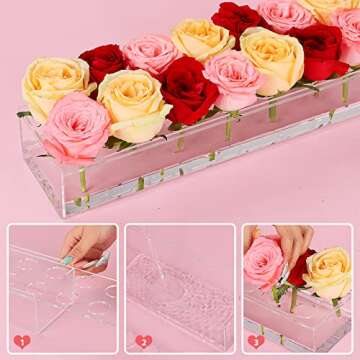 Clear Acrylic Flower Vase Rectangular Floral Centerpiece for Dining Table 24 Inch Long Rectangle Decorative Modern Vase for Weddings Home Decor（24 Holes+with LED Light）