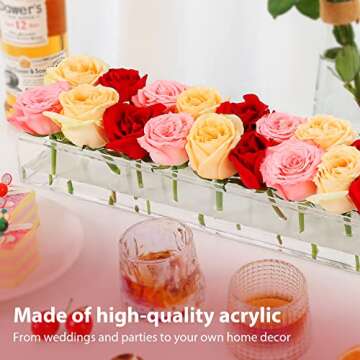 Clear Acrylic Flower Vase Rectangular Floral Centerpiece for Dining Table 24 Inch Long Rectangle Decorative Modern Vase for Weddings Home Decor（24 Holes+with LED Light）