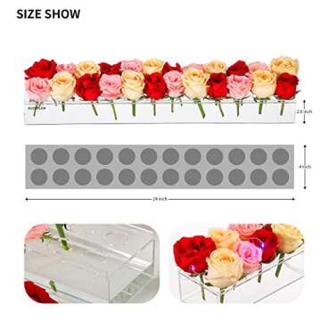 Clear Acrylic Flower Vase Rectangular Floral Centerpiece for Dining Table 24 Inch Long Rectangle Decorative Modern Vase for Weddings Home Decor（24 Holes+with LED Light）