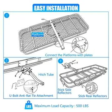 KAIRAY Heavy Duty Folding Hitch Mount Cargo Carrier Load Capacity 500 Lbs 60" X 20" X 6" Trailer Hitch Fold up Luggage Basket with Hitch Stablizer for SUV Pickup Camping Traveling