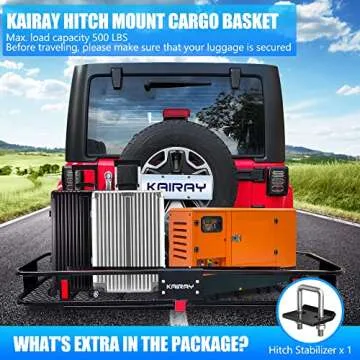 KAIRAY Heavy Duty Folding Hitch Mount Cargo Carrier Load Capacity 500 Lbs 60" X 20" X 6" Trailer Hitch Fold up Luggage Basket with Hitch Stablizer for SUV Pickup Camping Traveling