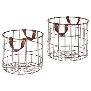 Amazon Brand – Stone & Beam Modern Round Metal Wire Storage Basket with Faux Leather Handles - Pack of 2, Brown