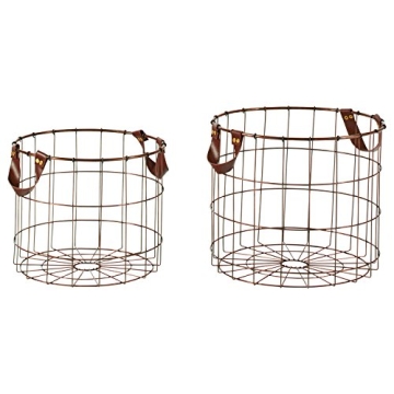 Amazon Brand – Stone & Beam Modern Round Metal Wire Storage Basket with Faux Leather Handles - Pack of 2, Brown