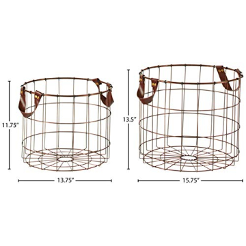 Amazon Brand – Stone & Beam Modern Round Metal Wire Storage Basket with Faux Leather Handles - Pack of 2, Brown