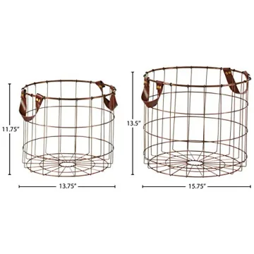 Amazon Brand – Stone & Beam Modern Round Metal Wire Storage Basket with Faux Leather Handles - Pack of 2, Brown