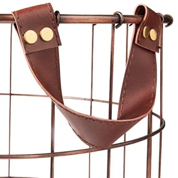 Amazon Brand – Stone & Beam Modern Round Metal Wire Storage Basket with Faux Leather Handles - Pack of 2, Brown