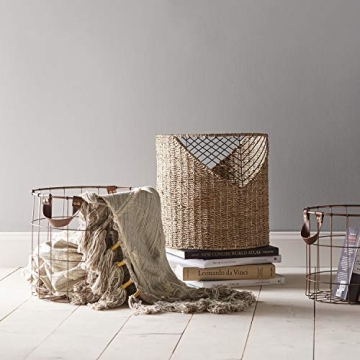 Amazon Brand – Stone & Beam Modern Round Metal Wire Storage Basket with Faux Leather Handles - Pack of 2, Brown