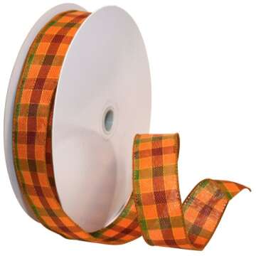 Morex Ribbon Autumn Hayride Plaid Wired Fabric Ribbon, Orange, 1-1/2 in x 50-Yd