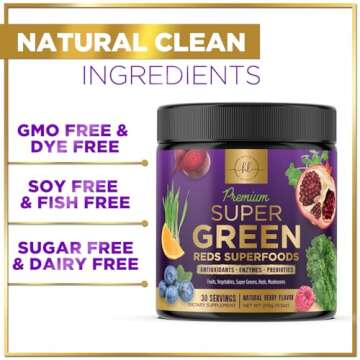 Greens Superfood Powder - Super Greens Powder Mix with Digestive Enzymes, Antioxidants, Spirulina & Chlorella for Energy Support, 20+ Amazing Superfoods & Greens Blend, Vegan, Non-GMO - 30 Servings