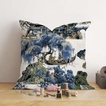 ArogGeld Asian Scenic Pillow in Blue and Kelly Green Lumbar Decorative Pillow Chinoiserie Pillow Cover 18x18 Cushion Cover