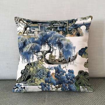 ArogGeld Asian Scenic Pillow in Blue and Kelly Green Lumbar Decorative Pillow Chinoiserie Pillow Cover 18x18 Cushion Cover