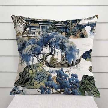 ArogGeld Asian Scenic Pillow in Blue and Kelly Green Lumbar Decorative Pillow Chinoiserie Pillow Cover 18x18 Cushion Cover