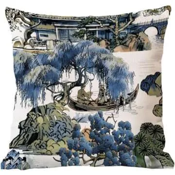 ArogGeld Asian Scenic Pillow in Blue and Kelly Green Lumbar Decorative Pillow Chinoiserie Pillow Cover 18x18 Cushion Cover