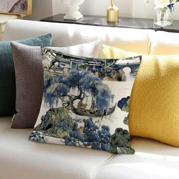 ArogGeld Asian Scenic Pillow in Blue and Kelly Green Lumbar Decorative Pillow Chinoiserie Pillow Cover 18x18 Cushion Cover