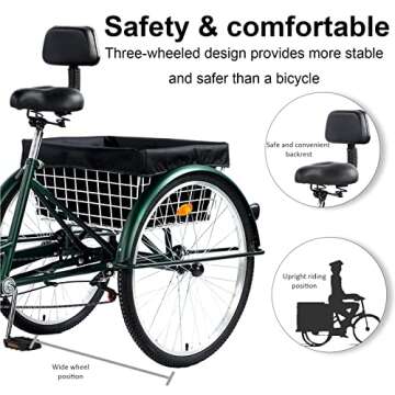 PRIJESSE 26 inch Adult Tricycle, 7 Speed 3 Wheel Bike for Women Men, Cruise Trike Bike with Shopping Basket, Adjustable Seat, Multiple Colors (Green)