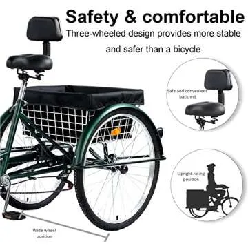 PRIJESSE 26 inch Adult Tricycle, 7 Speed 3 Wheel Bike for Women Men, Cruise Trike Bike with Shopping Basket, Adjustable Seat, Multiple Colors (Green)