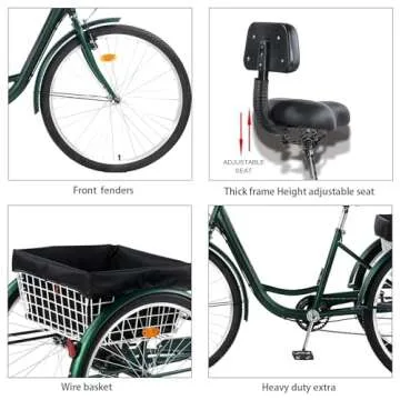 PRIJESSE 26 inch Adult Tricycle, 7 Speed 3 Wheel Bike for Women Men, Cruise Trike Bike with Shopping Basket, Adjustable Seat, Multiple Colors (Green)