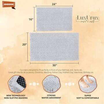 LuxUrux 2 piece Bathroom Rug Set - Premium Plush Bath Mat Shower Rugs, 1" Chenille Microfiber, Non-S...