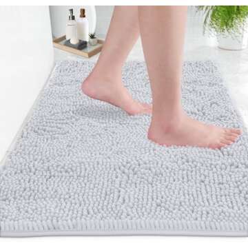 LuxUrux 2 piece Bathroom Rug Set - Premium Plush Bath Mat Shower Rugs, 1" Chenille Microfiber, Non-Slip & Absorbent, Soft & Cozy, Durable Stylish (20x30 & 16x24 inches, White)