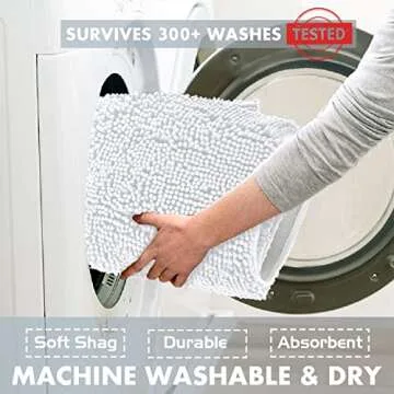 LuxUrux 2 piece Bathroom Rug Set - Premium Plush Bath Mat Shower Rugs, 1" Chenille Microfiber, Non-Slip & Absorbent, Soft & Cozy, Durable Stylish (20x30 & 16x24 inches, White)