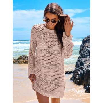 ANRABESS Women Swimsuit Crochet Swim Cover Up 2025 Summer Bathing Suit Swimwear Mesh Knit Beach Dress Vacation Outfits Pink Medium