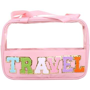 CRUOXIBB Chenille Letter Patch Clear PVC And PU leather Large Travel Makeup Toiletry Storage Bag Wat...