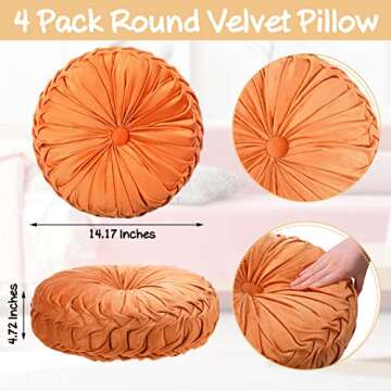 Kathfly 4 Count Round Throw Pillow Velvet Pleated 3D Pumpkin Round Pillow Boho Floor Cushion Couch f...