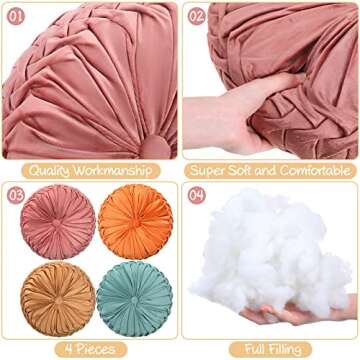 Kathfly 4 Count Round Throw Pillow Velvet Pleated 3D Pumpkin Round Pillow Boho Floor Cushion Couch for Bed Chair Home Car Sofa Decorations, 14.17 x 14.17 Inches (Colorful)