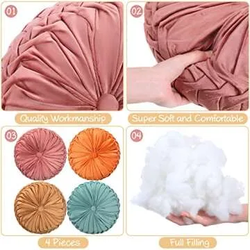 Kathfly 4 Count Round Throw Pillow Velvet Pleated 3D Pumpkin Round Pillow Boho Floor Cushion Couch for Bed Chair Home Car Sofa Decorations, 14.17 x 14.17 Inches (Colorful)