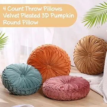 Kathfly 4 Count Round Throw Pillow Velvet Pleated 3D Pumpkin Round Pillow Boho Floor Cushion Couch for Bed Chair Home Car Sofa Decorations, 14.17 x 14.17 Inches (Colorful)