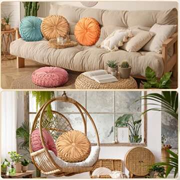 Kathfly 4 Count Round Throw Pillow Velvet Pleated 3D Pumpkin Round Pillow Boho Floor Cushion Couch for Bed Chair Home Car Sofa Decorations, 14.17 x 14.17 Inches (Colorful)