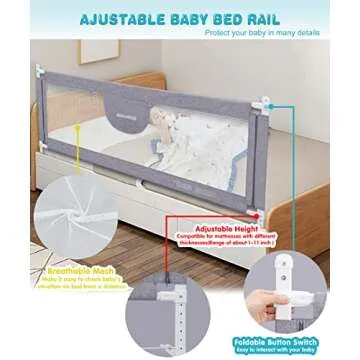 MBQMBSS 58'' Bed Guard Rail for Toddlers, Toddler Bed Rail - Fit for Wide Side of Queen Bed, Baby Bed Rail Guard, Bed Rails for Kids with Double Safety Lock & Extra Y-Shaped Reinforcement Strap
