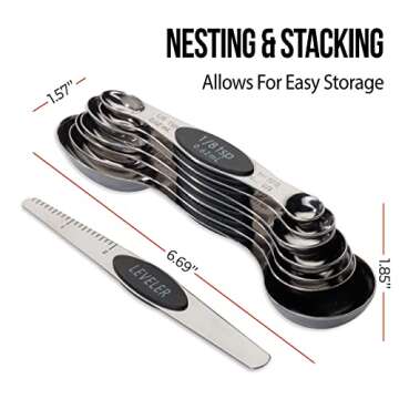 CH1EF Magnetic Metal Measuring Spoons Set Stainless Steel Etched Stackable Teaspoons Tablespoons Dual Sided Measure Spoon set of 8 for Measuring Dry and Liquid Ingredients (Black)
