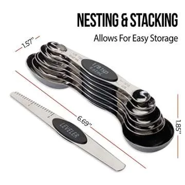 CH1EF Magnetic Metal Measuring Spoons Set Stainless Steel Etched Stackable Teaspoons Tablespoons Dual Sided Measure Spoon set of 8 for Measuring Dry and Liquid Ingredients (Black)