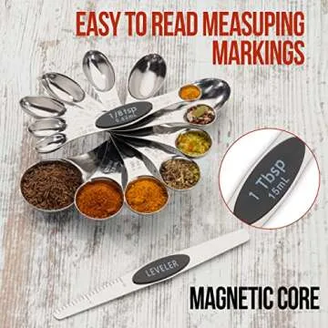CH1EF Magnetic Metal Measuring Spoons Set Stainless Steel Etched Stackable Teaspoons Tablespoons Dual Sided Measure Spoon set of 8 for Measuring Dry and Liquid Ingredients (Black)