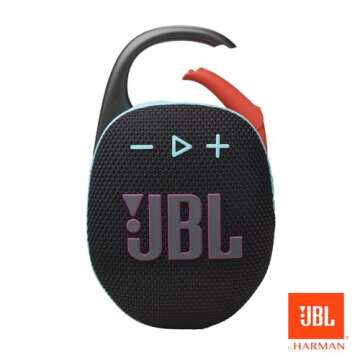 JBL Clip 5 - Ultra-Portable,Waterproof & Dustproof Bluetooth Speaker,Big Pro Sound with Punchy bass,Integrated Carabiner,Up to 12 Hours of Play,Made in Part with Recycled Materials(Black & Orange)