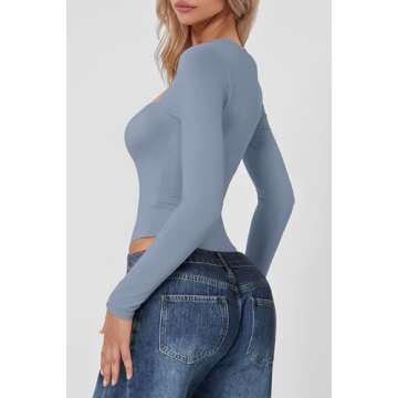 QINSEN Women's Sexy Bodysuit Square Neck Long Sleeve Bodycon Shirt Tops County Blue L