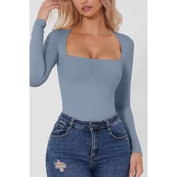 QINSEN Women's Sexy Bodysuit Square Neck Long Sleeve Bodycon Shirt Tops County Blue L