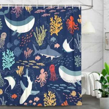 Lacoiime Shark Shower Curtain, Blue Azure Boho Ocean Fish Shower Curtain Abstract Underwater Animal ...