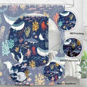 Lacoiime Shark Shower Curtain, Blue Azure Boho Ocean Fish Shower Curtain Abstract Underwater Animal Cartoon Bathroom Curtain with Colorful Fabric Shower Curtains for Kids Bathtub Decor (70X70IN)