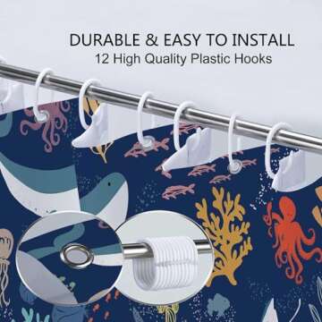 Lacoiime Shark Shower Curtain, Blue Azure Boho Ocean Fish Shower Curtain Abstract Underwater Animal Cartoon Bathroom Curtain with Colorful Fabric Shower Curtains for Kids Bathtub Decor (70X70IN)