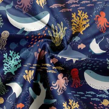 Lacoiime Shark Shower Curtain, Blue Azure Boho Ocean Fish Shower Curtain Abstract Underwater Animal Cartoon Bathroom Curtain with Colorful Fabric Shower Curtains for Kids Bathtub Decor (70X70IN)