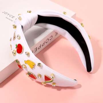 Summer Fruit Headbands for Women Tropical Strawberry Pineapple Cherry Watermelon Headbands Jeweled Rhinestone Knotted Headbands Summer Beach Hair Accessories Outfits Vacation Gifts (Fruit H-White)
