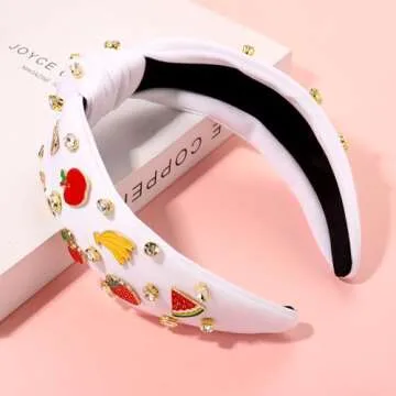 Summer Fruit Headbands for Women Tropical Strawberry Pineapple Cherry Watermelon Headbands Jeweled Rhinestone Knotted Headbands Summer Beach Hair Accessories Outfits Vacation Gifts (Fruit H-White)