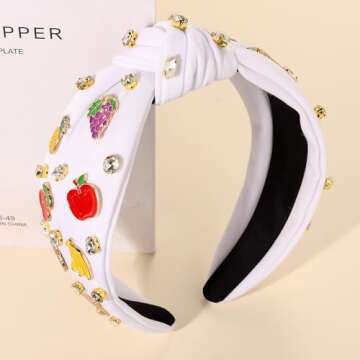 Summer Fruit Headbands for Women Tropical Strawberry Pineapple Cherry Watermelon Headbands Jeweled Rhinestone Knotted Headbands Summer Beach Hair Accessories Outfits Vacation Gifts (Fruit H-White)