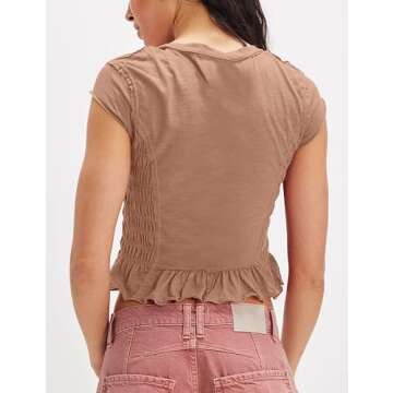 ACCPUR Women Smocked Cap Sleeve Crop Tops Frill Ruffle Hem Crewneck Y2K Baby Tees Casual Slim Fit T-...