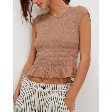Stylish ACCPUR Women Smocked Crop Top with Ruffles