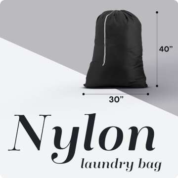 Nylon Laundry Bag, Large Capacity with Locking Drawstring, Machine Washable, Fits Laundry Baskets or Hampers, Holds 2 Loads of Clothes (Black, 30" x 40")